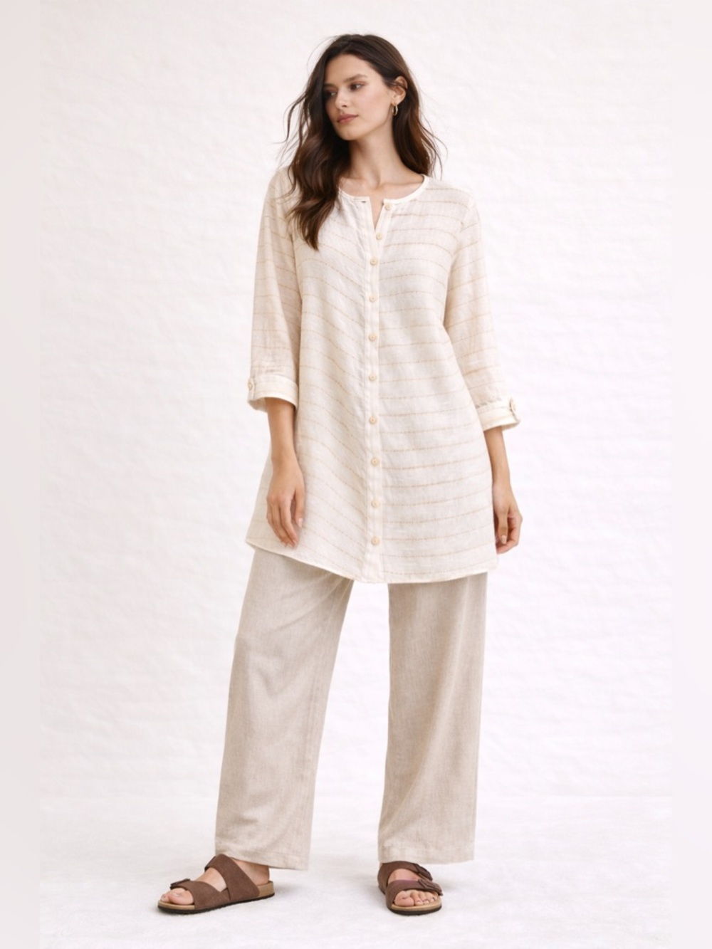 Lagenlook Linen Tunic Gold Stripe Textured Relaxed Editorial Sz 1X